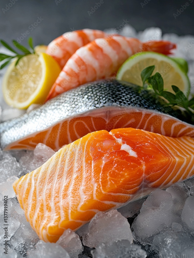 Fresh Salmon, Shrimp, and Lemon on Ice: Seafood Feast Composition Fresh Salmon, Shrimp, and Lemon on Ice: Seafood Feast Composition