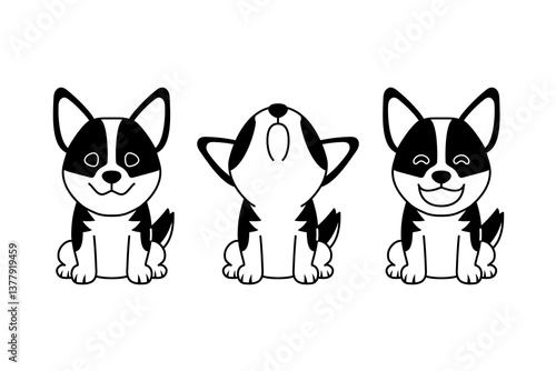 Set of vector black and white cartoon character corgi dog for design.