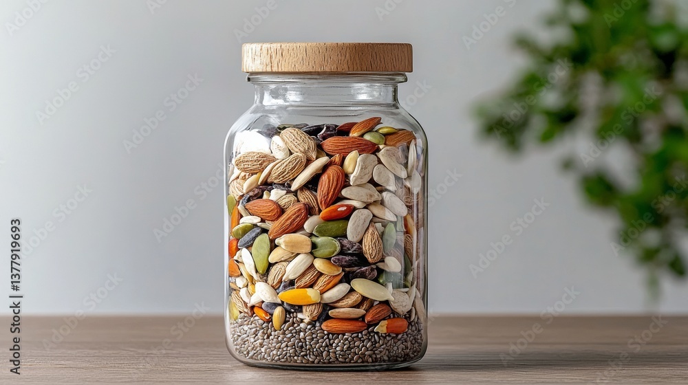 Healthy Food Jar with Mixed Nuts Seeds and Chia Seeds for Nutrition Healthy Food Jar with Mixed Nuts Seeds and Chia Seeds for Nutrition