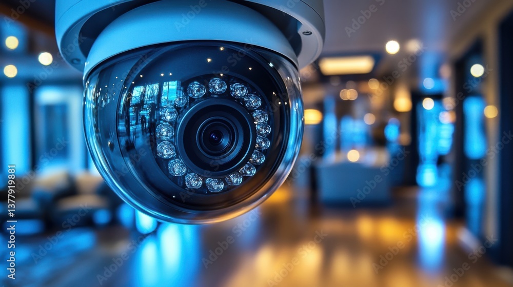 Detailed view of a wireless CCTV camera in a smart home, enabling live surveillance with mobile phone connectivity. Detailed view of a wireless CCTV camera in a smart home, enabling live surveillance with mobile phone connectivity.