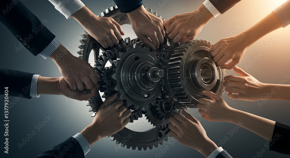 Fototapeta premium Many Hands Touching Gears in a Teamwork Collaboration Concept with Warm Light on a Dark Background