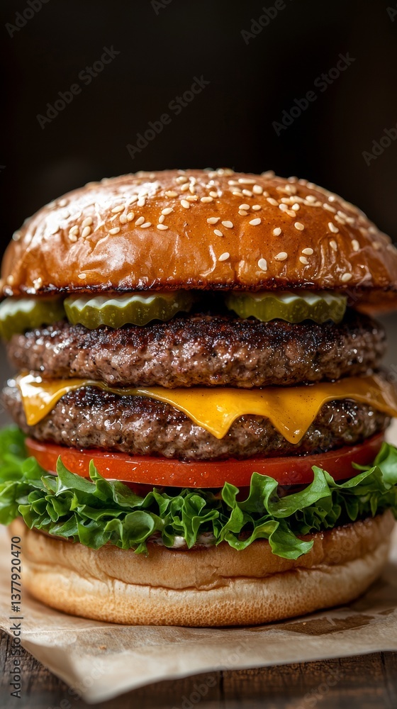 Delicious Double Cheeseburger with Fresh Ingredients and Sesame Seed Bun Delicious Double Cheeseburger with Fresh Ingredients and Sesame Seed Bun