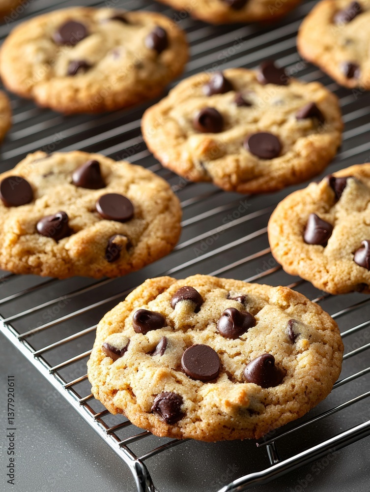Freshly Baked Chocolate Chip Cookies Cooling on a Wire Rack Freshly Baked Chocolate Chip Cookies Cooling on a Wire Rack