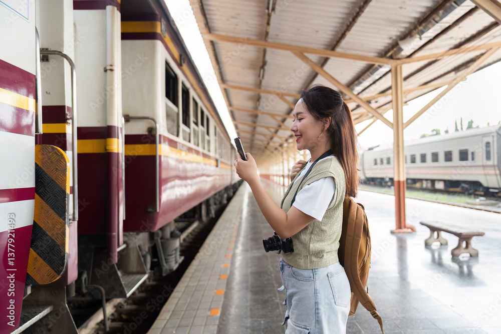 Obraz premium Travel Enthusiasm and Smartphone Use. A joyful woman taking a selfie at the train station, capturing her travel moments.