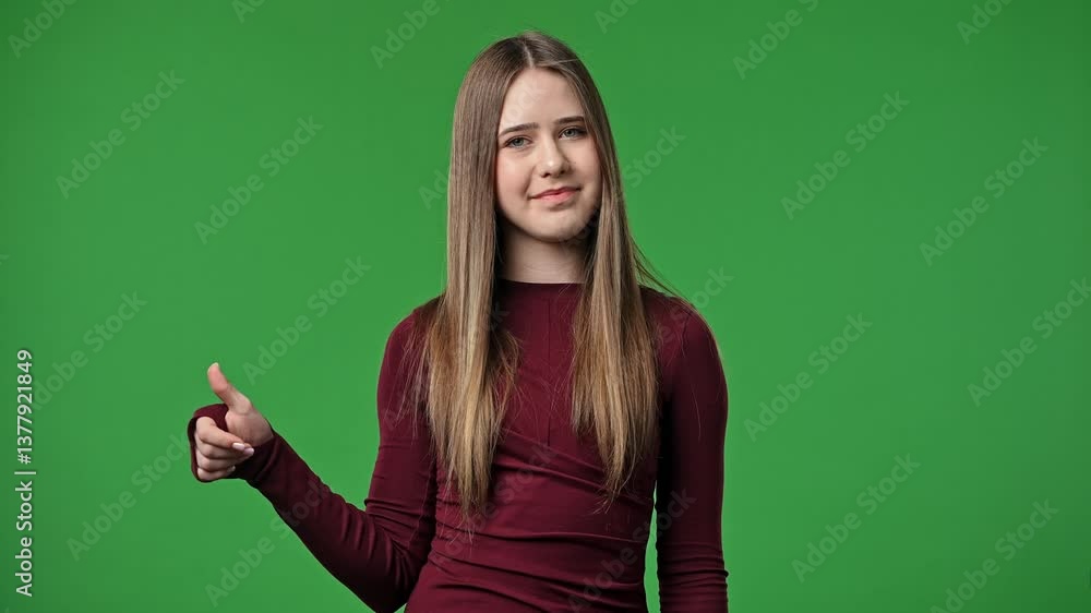 Teenage girl posing at camera smiling and showing thumb up like gesture, positive expression, isolated on chroma key green screen studio background mockup. Teenage girl posing at camera smiling and showing thumb up like gesture, positive expression, isolated on chroma key green screen studio background mockup.
