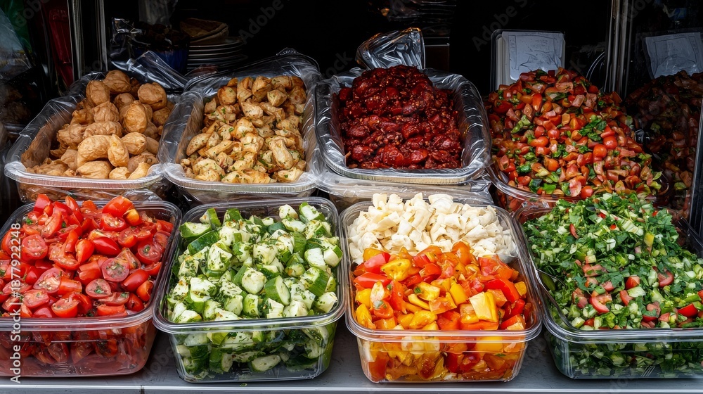 Freshly Prepared Salad Bar: A Colorful Display of Various Healthy Dishes Freshly Prepared Salad Bar: A Colorful Display of Various Healthy Dishes