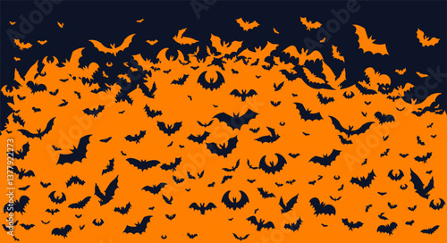 Halloween banner, poster with black bats on the orange background. Template vector Illustration for text. Pattern, background of halloween bat. Halloween vector background with swarm of bats.