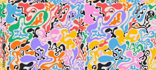 Seamless pattern psychedelic groovy trippy y2k retro colored. Vector wavy and swirled brush strokes seamless pattern. Template abstract liquid background for packaging colored design and advertisement