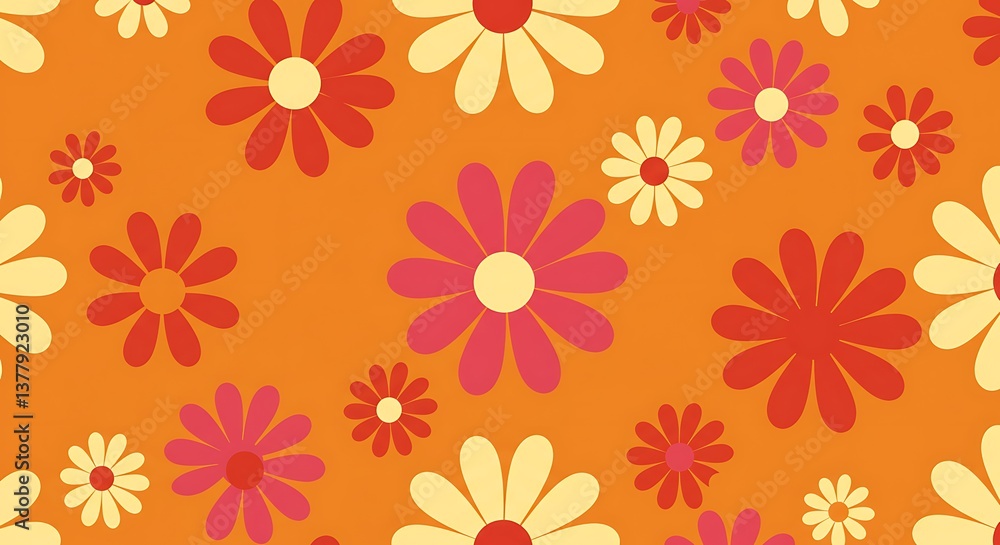 Obraz premium Retro Floral Pattern Warm Hues Orange Background AI Generated