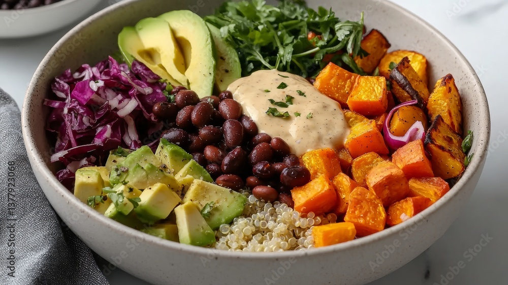 Fototapeta premium Delicious Vegan Buddha Bowl with Roasted Vegetables and Avocado, Top View