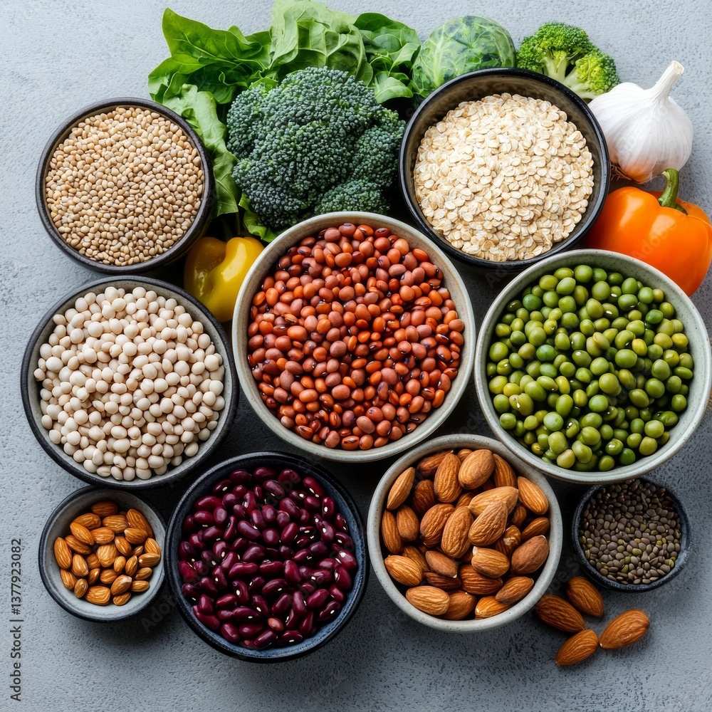 Healthy Food Selection: Vegetables, Legumes, and Nuts on Gray Surface Healthy Food Selection: Vegetables, Legumes, and Nuts on Gray Surface