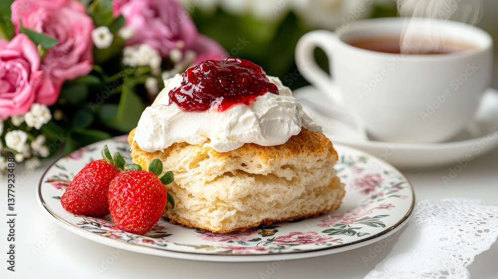 Delicious Scone with Strawberries and Whipped Cream Served with Tea Delicious Scone with Strawberries and Whipped Cream Served with Tea