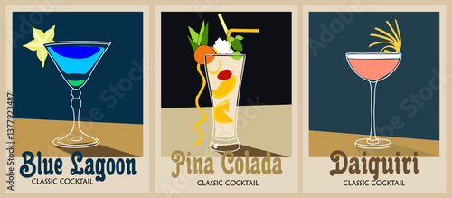 Cocktails retro poster set. Pina Colada, Blue Lagoon, Daiquiri. Collection of popular alcohol drinks. Vintage flat vector illustrations for bar, pub, restaurant, kitchen wall art print.