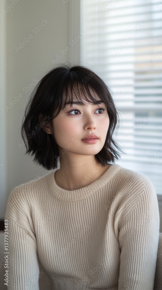 Young woman with short hair wearing a cozy sweater gazes thoughtfully by a window on a sunny day Young woman with short hair wearing a cozy sweater gazes thoughtfully by a window on a sunny day