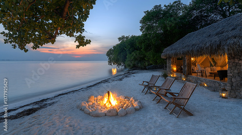 serene beach scene at sunset features glowing fire pit surrounded by wooden chairs on white sand, with thatched roof hut nearby and calm ocean waves in background