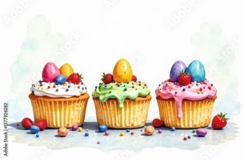 Colorful Cupcakes with Easter Eggs and Berries