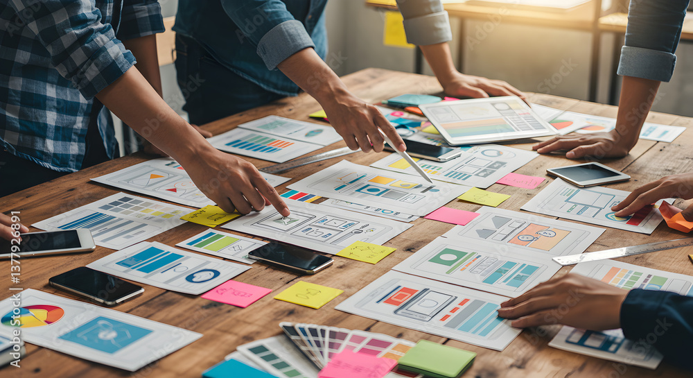 Obraz premium Hands Analyzing Financial Data Charts and Graphs on Wooden Table for Team Discussion