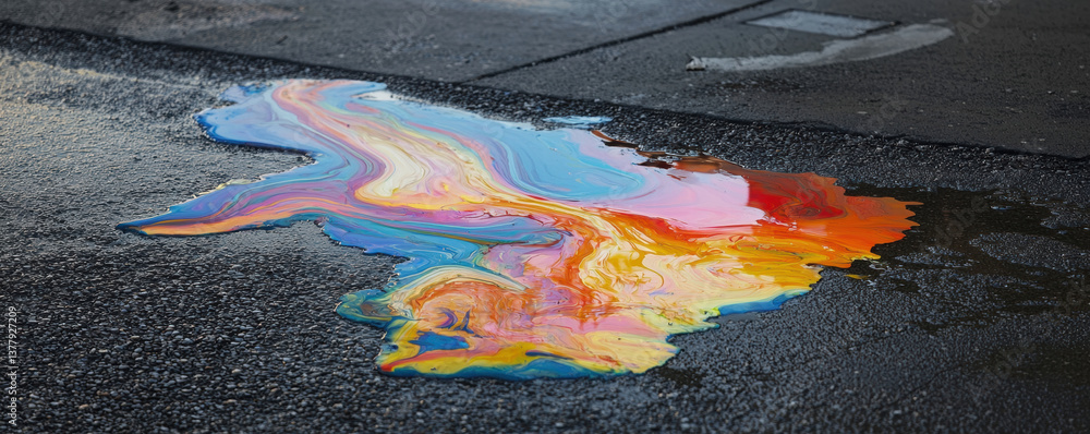 Fototapeta premium vibrant puddle of colorful paint reflects spectrum of hues on dark asphalt surface, creating artistic display