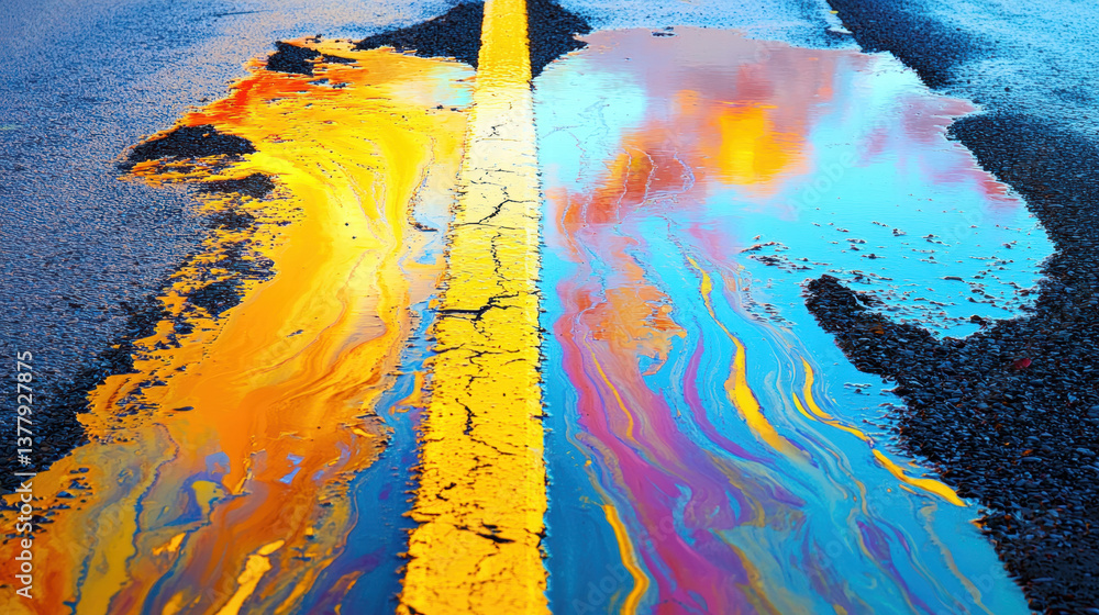 Fototapeta premium Vibrant colors reflect puddle road, showcasing beautiful blend of hues and textures. yellow line adds contrast to colorful