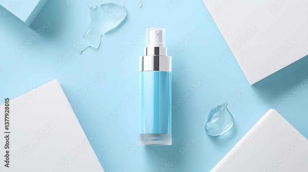 sleek airless pump bottle for skincare products is displayed on light blue background, surrounded by abstract shapes and gel like textures, creating fresh and modern aesthetic