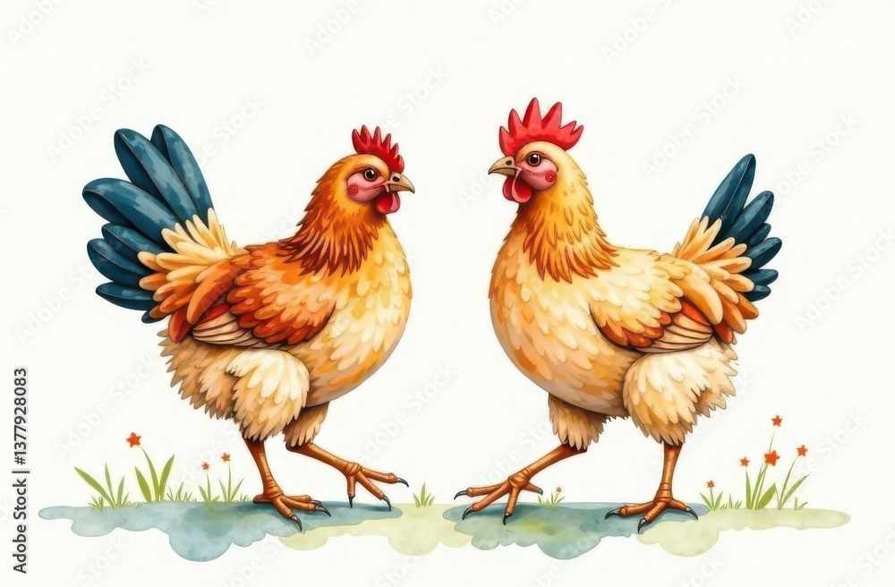 Colorful Roosters Facing Each Other Illustration Colorful Roosters Facing Each Other Illustration