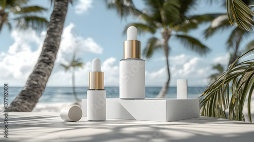 Elegant skincare packaging displayed on tropical beach setting, featuring airless pump bottles with gold accents. serene backdrop of palm trees and ocean enhances luxurious feel