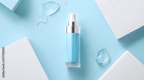 sleek airless pump bottle for skincare products is displayed on light blue background, surrounded by abstract shapes and gel like textures, creating fresh and modern aesthetic
