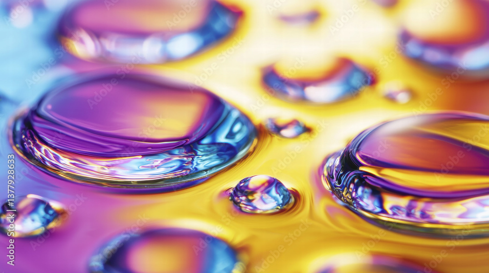 Fototapeta premium Colorful water droplets create mesmerizing pattern on vibrant surface, showcasing blend of purple, blue, and yellow hues