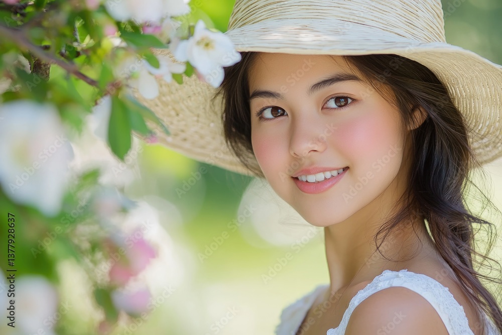 Young woman in straw hat smiles among blooming flowers during sunny day in a garden Young woman in straw hat smiles among blooming flowers during sunny day in a garden