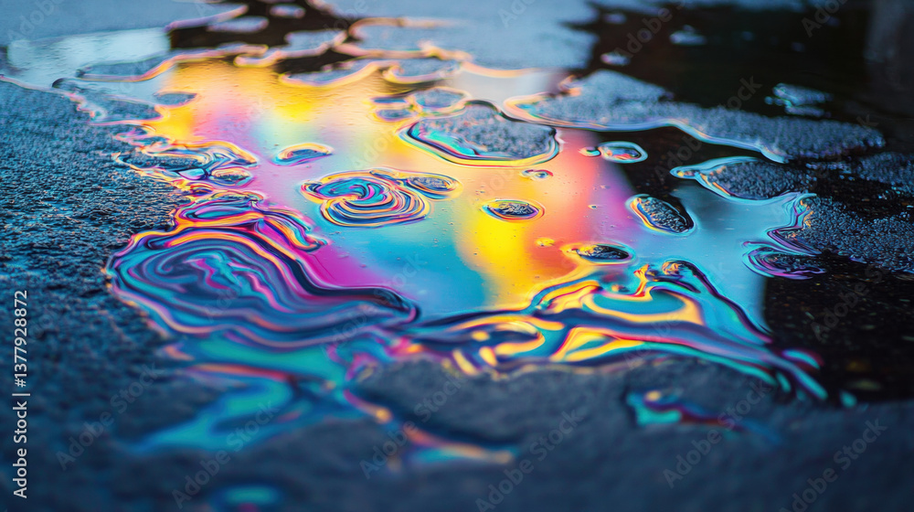 Fototapeta premium Colorful water reflection creates vibrant, abstract pattern on wet surface, showcasing blend of hues and textures