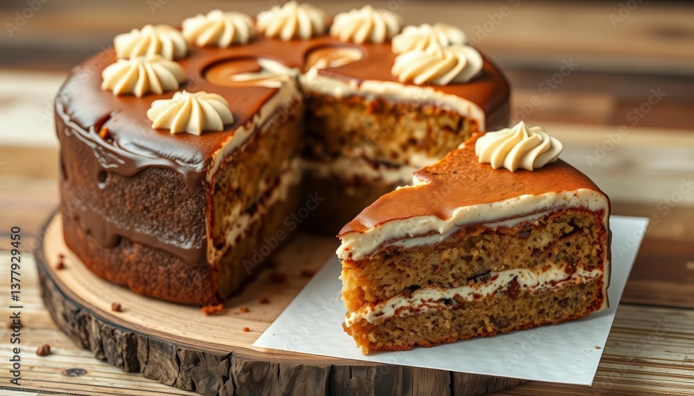A moist coffee cake, rich frosting swirls, a cleanly cut slice on rustic wood, brown, dessert