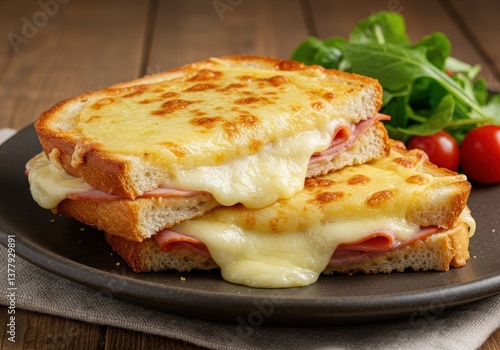 Savory French croque monsieur sandwich served on a plate with fresh greens and cherry tomatoes