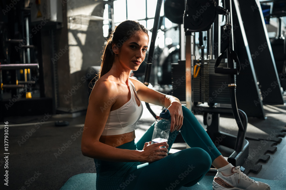 Fototapeta premium Young Woman Relaxing in Gym After Workout Session