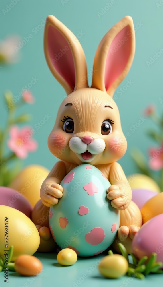 Close-up of cute Easter rabbit decoration with egg, figurine, decoration, egg Close-up of cute Easter rabbit decoration with egg, figurine, decoration, egg