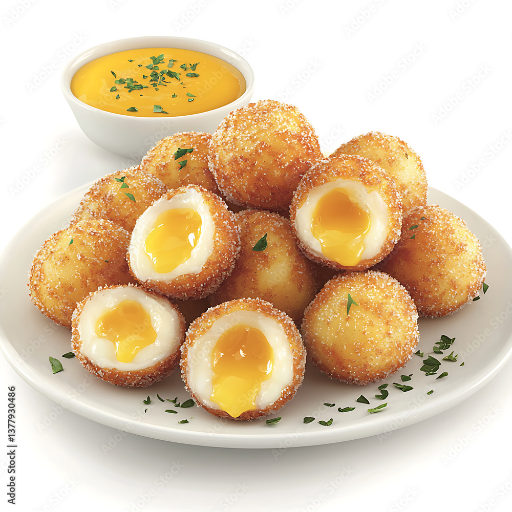 Golden crispy fried balls with a yolk-filled center served with a creamy yellow dipping sauce. Golden crispy fried balls with a yolk-filled center served with a creamy yellow dipping sauce.