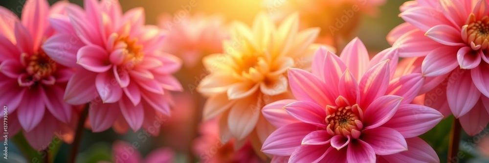 Close-up of dahlia blooms in pink and yellow hues, vibrant, pink, botanical Close-up of dahlia blooms in pink and yellow hues, vibrant, pink, botanical