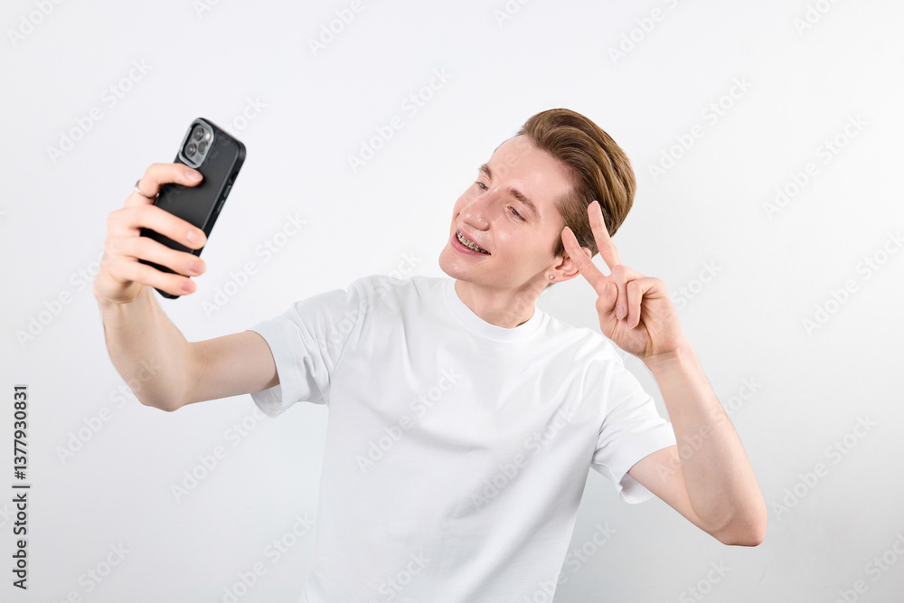A smiling young man is playfully posing for a selfie, holding his smartphone out in front of him with one hand and gesturing a peace sign with the other near his face against a clean, white backdrop A smiling young man is playfully posing for a selfie, holding his smartphone out in front of him with one hand and gesturing a peace sign with the other near his face against a clean, white backdrop