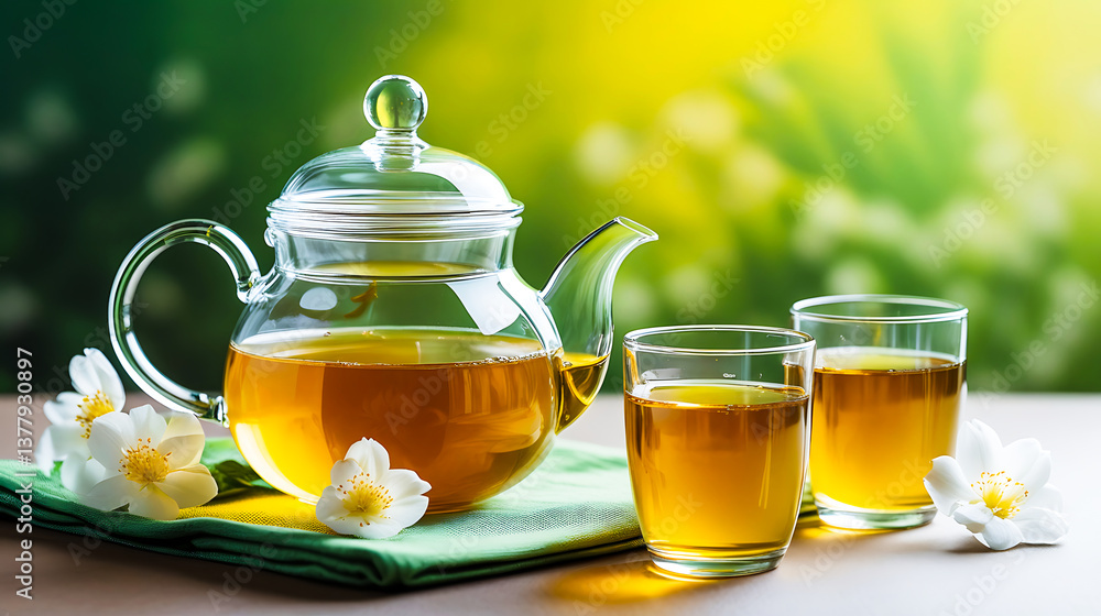 Serene Tea Setting – Glass Teapot and Cups with Golden Tea on Floral Cloth Serene Tea Setting – Glass Teapot and Cups with Golden Tea on Floral Cloth