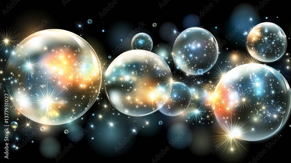 Abstract spheres with a reflective sheen. Iridescent bubbles float in a space, reflecting vibrant colors. Graphical resource for design and downstream advertisement purposes Abstract spheres with a reflective sheen. Iridescent bubbles float in a space, reflecting vibrant colors. Graphical resource for design and downstream advertisement purposes