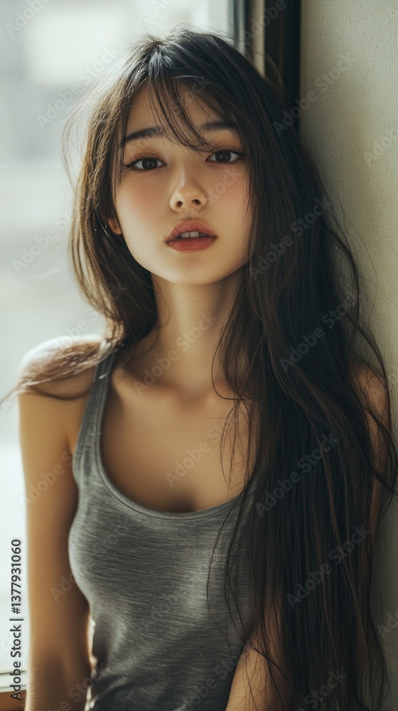 Young woman with long hair posing by a window in a cozy indoor setting during daylight hours Young woman with long hair posing by a window in a cozy indoor setting during daylight hours