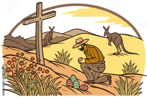 A bold vector illustration of an Australian outback scene, where a rugged traveler in a wide-brimmed hat kneels before a rustic wooden cross, surrounded by hopping kangaroos and colorful Easter eggs