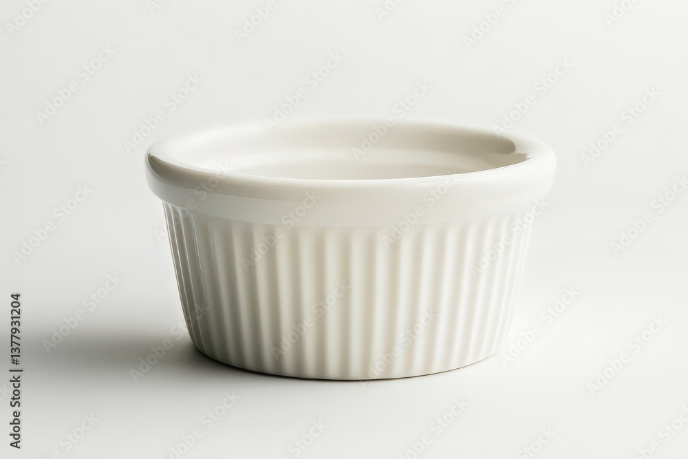 A white ceramic ramekin sits on a clean white background A white ceramic ramekin sits on a clean white background