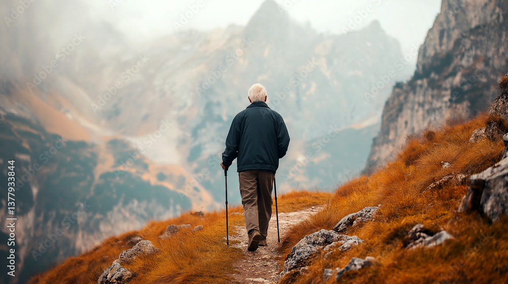 Obraz premium Elderly man hiking on a mountain trail during autumn in a misty landscape