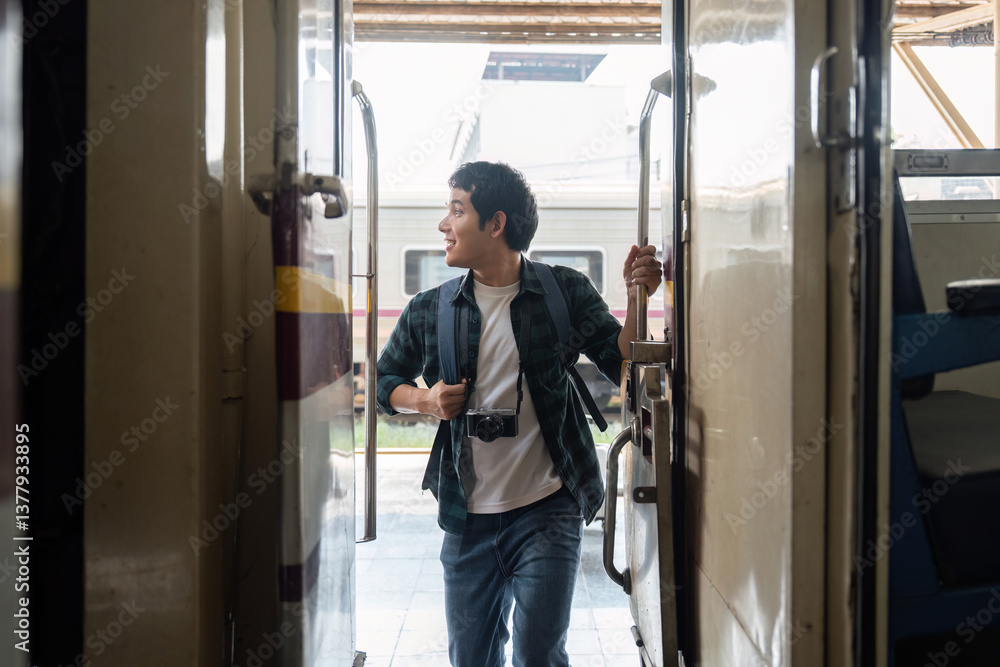 Entering the Train. A traveler steps inside the train, filled with excitement for the journey ahead. Entering the Train. A traveler steps inside the train, filled with excitement for the journey ahead.