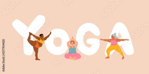 Plus size Girls Practice Yoga With Confidence And Strength, Embracing Body And Its Capabilities, Dispelling Stereotypes Of Physical Fitness And Beauty Standards. Cartoon People Vector Illustration