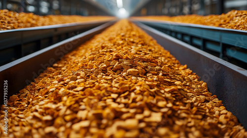 conveyor belt in modern factory transports large quantity of golden cornflakes, showcasing efficient food production. scene highlights industrial precision and abundance