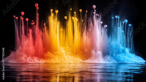 Vibrant splashes of neon paint in red, yellow, and blue erupt against black background, creating dynamic and colorful display. paint forms intricate patterns as it interacts with water
