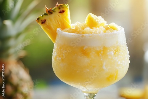 Close up of a frozen pineapple cocktail in a clear glass with a pineapple slice garnish outdoors
