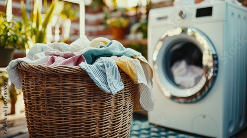 A vibrant laundry scene with a basket of colorful clothes beside a washing machine.