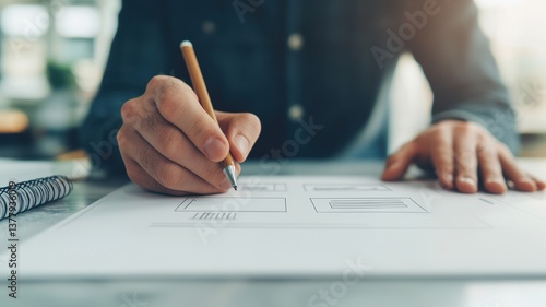 A close-up of a hand sketching designs on paper, showcasing creativity and focus in a workspace setting.